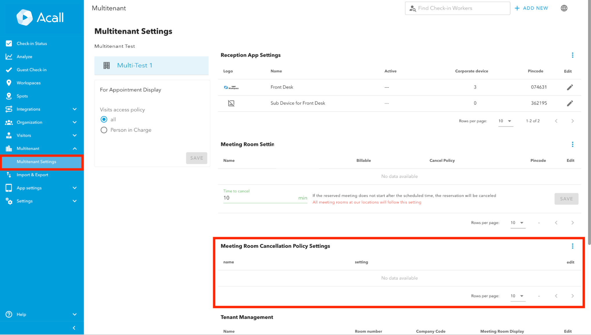 Multitenant Settings Meeting Room Cancellation Policy Settings