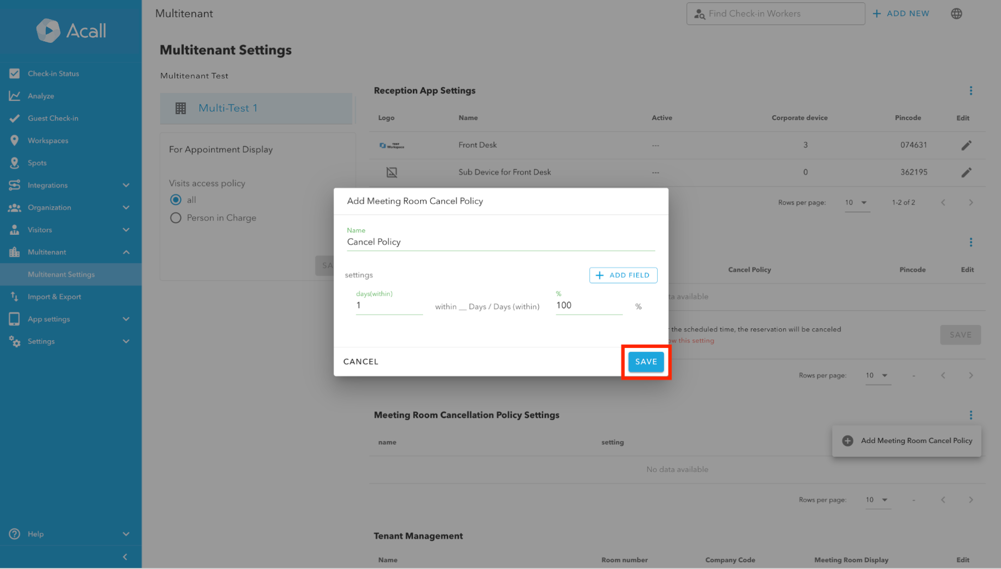 Multitenant Settings Meeting Room Cancellation Policy Settings